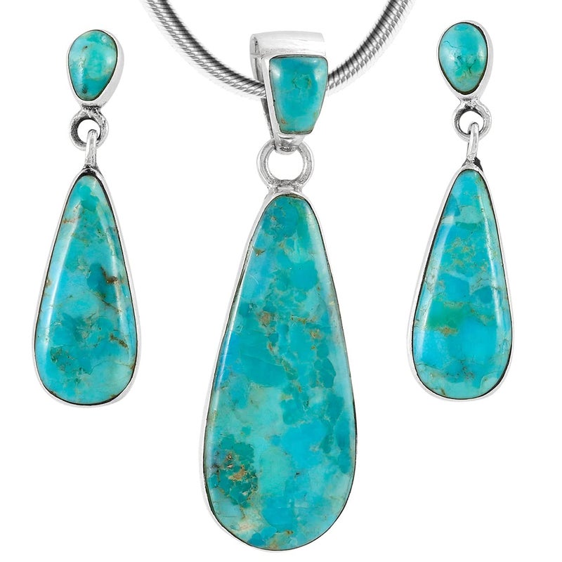 Turquoise Network Sterling Silver Genuine Gemstones Necklace & Earrings Matching Set (Teal/Matrix Turquoise) - Image 1